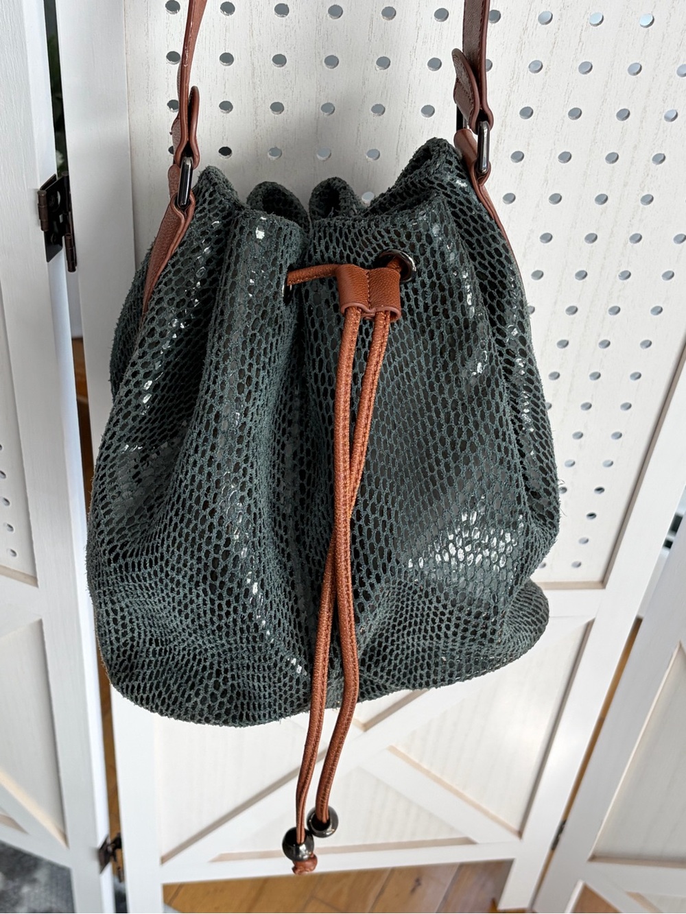 Sorial Dark Green Textured Drawstring Shoulder Bag with Brown Trim